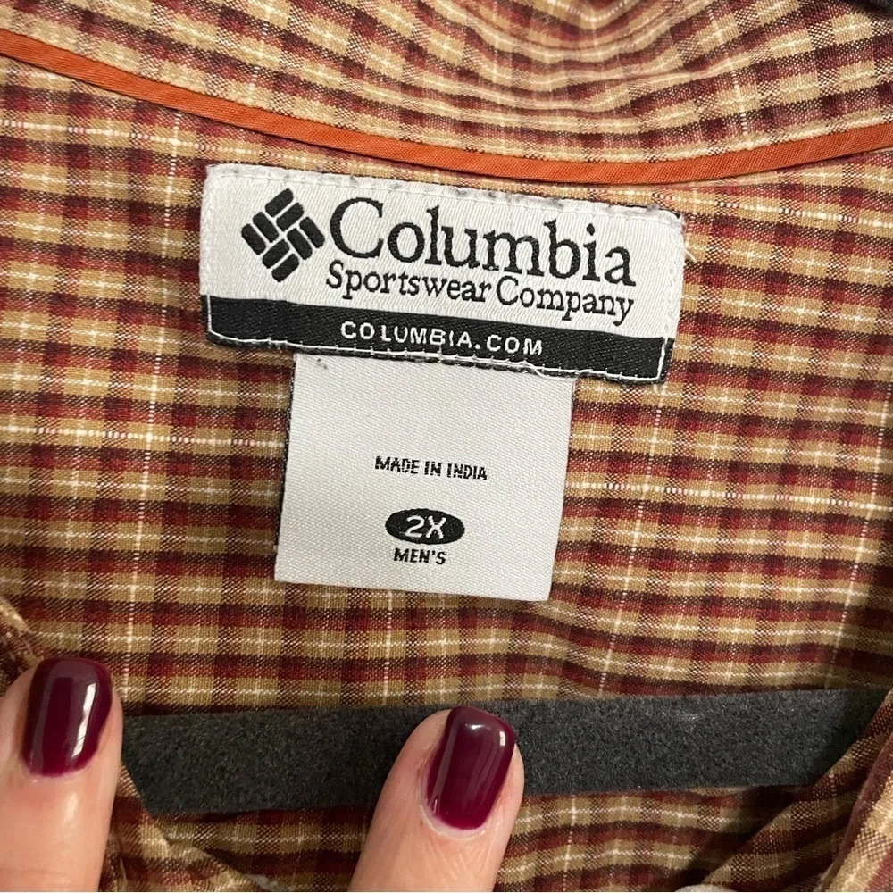 Columbia Long Sleeved Button Down Shirt Burgundy Tan Plaid Size XXL